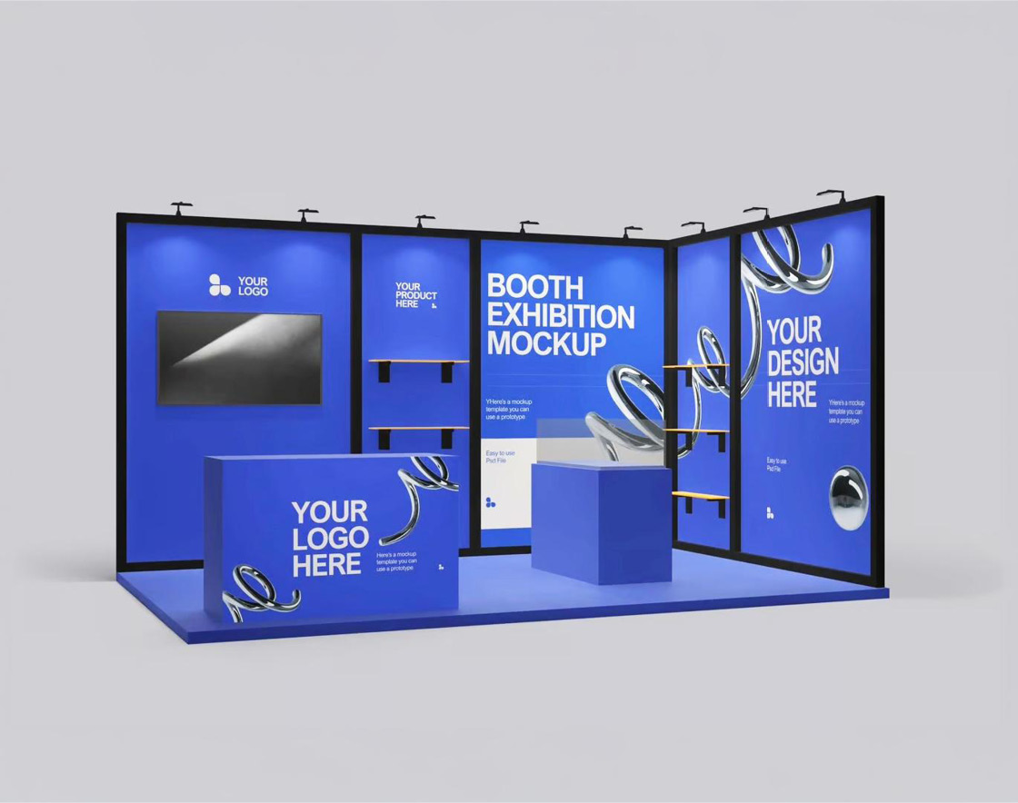 a blue and black booth